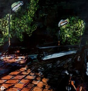 Acrylfarbe: ein Auto fährt eime Strasse hoch, seime Umrisse von seiner Geschwindigkeit verwischt, Strasse und Gehweg simd nass und reflektieren die Autolichter, dahinter Strassenlaternen die Baumkronen ausleuchten.