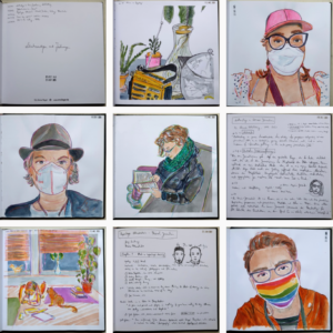 Mosaik aus 9 Fotos aus dem Notizbuches: entweder aquarellierte Buntstiftzeichnung oder mit Tine geschriebbene händische Notizen mit kleiner Tintenskizze der Schreibenden

1 Deckblatt mit Datumstempel 5.Dez.2021, 23.Sep.2025, und dem Schriftzug: Notizen und Zeichnungen, oben rechts Notizen zu den Büchern mit Jahreszahlen, zusammen mit der Webseite www.annaheger.de und dem Namen Illi Anna Heger am unteren Rand gestempelt.
2 Stillleben, es gibt ein kleines orangenes Kofferradio, eine metallene Teekanne, zwei kleine Topfpflanzen und ein bewurzelter Avocadokern in einer Glaskaraffe.
3 Portrait einer Person mit tief ausgeschnittener rüschiger Bluse. Die Schirmkappe ist pink, genauso wie die Gummis and den beiden seitlichen geflochtenen Zöpfe. Die Brille ist dunkel und sieht nach den 50er Jahren aus, und die Maske ist weiß.
4 Person mit grauem klassischen Hut, kinnlangen grauen Haaren und ernstem Gesichtsausdruck. Die FFP2 Maske ist weiß.
5 Person mit gelockten hochgesteckten Haare hält lesend ein Buch in der Hand, von schräg oben ist ein Bein und der Oberkörper zu sehen, sie trägt eine Lederjacke und einen großen grünen Loop-Schal.
6 Schreibschift, Buchtitel: Authorship in Comics Journalism.
7 Person liegt mit aufgestütze Arm auf dem Parkett zwischen zwei Teppichen. Eine braune Katze schaut der Person be Lesen zu, auf einem Teppich ein Bücherstapel und dahinter eine Monstera in einem Blumentopf. Die Grossen Fenster im Hintergrund haben halb geschlossene Jalousien.
8 Schreibschift, Buchtitel: Authorship in Comics Journalism.
9 Person mit über die Stirn hochgekämmten Seitenscheitel, die Maske ist regenbogenfarbend, von oben nach unten in sechs Streifen von rot nach violett. Die Brille ist dunkel mit mitteldickem Rahmen und die sportliche Jacke ist orange.