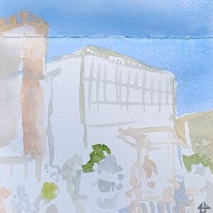 Vorzeichnung mit verdünntem Aquarell.