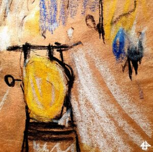 Ölkreiden auf Packpapier, in wenigen skizzenhaften Strichen ein gelber Rucksack auf einer verschneiten Strasse