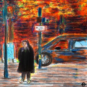 Sehr buntes Ölkreidebild. Eine Person mit schwarzem Mantel, passenden Leggings und weissen Turnschuhen steht bei den Tramgleisen an der Ampel. Die Fussgängerampel hinter ihr sind rot, hinter ihr ein Auto und darüber neongelb leuchtende Blätter an einem Strassenbaum vor einer roten Backsteinwand.