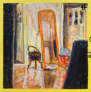 Filigranes Ölpastellbild mit Bleistiftstrichen. Ein grosser Standspiegel mit neonorangenem Rahmen in einem Altbauflur mit alten befensterten Türen. Daneben ein ein roter Hocker mit nem Berg Schals und ein runder Korb mit grossem Griff auf drei Holzbeinen. Der Parkettboden rereflektiert die Gegemstände.