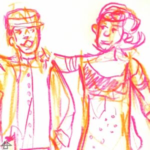 Skizze mit orangenem Buntstift, mit magentafarbenen korrigiert. Eine Person mit gewellten halblangen Haaren und festlichem Kleid umgreift die Schulter von wem mit Gemd und Schiebermütze.