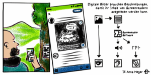 Ausschnitt aus dem Comic "maschinenlesbar".
Text: Digitale Bilder brauchen Beschreibungen damit ihr Inhalt von Screenreadern ausgelesen werden kann.
Abbildung: Eine Person mit Vollbart und Glatze fotografiert eine Poster an einem Baum. Daneben das Bild eines Comicpanel mit weißen Häschen in einer Socialmedia App und ein Flussdiagramm aus Icons:  Ein Icon für Bild, Berge und Sonne, steht neben dem Icon für Text, fünf Linien untereinander. Dazwischen das Wort versus. Vom Bild Icon zeigt ein direkter Pfeil zum Icon für Auge. Vom Icon für Text geht ein Pfeil zum Icon für Screenreader-Software, das wie eine Computer Platine aussieht mit der Bezeichnung daneben. Von hier gibt es zwei weiterführende Pfeile. Einer geht erst zu einem Icon für akustisch, ein Lautsprecher, und dann zum Icon fürs Hören, ein Ohr. Der zweite geht zu einem Icon für Braille, drei Buchstaben in Punktschrift, p, q und r, und dann weiter zum Icon haptisch, zwei Finger nebeneinander.