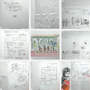 9 Einzelbilder in einem 3x3 Raster.
1 Erste Seite des Skizzenbuches mittigmit dem Text: Ideen Minicomics & How-tos, unten gestempelt mein Name und meine Webseite. Darüber zwei gestempelte Daten 21.Mrz.2012 02.Dez.2025.2 Dünne Tintenlinien bilden oben ein Labyrinthmuster und unten unregelmässige Wellen.3 Notizen und Zeichnungen für ein unveröffentlichtes Storch Comic: eine Platanenallee, ein Storch unter Stromleitungen, eine ländlicher Bahnübergang.4 Anleitung für die neue Schneidetechnik für die Minicomics mit erklärenden Tintenzeichnungen.5 Buntstiftzeichnung einer Dreierplenumsdiskussion in einem hohen Barocken Saalbauf dem Comic Salon Erlangen 2022.6 Originalzeichnungen dedes Minicomics 9. Eine Person in einem Foyer, zwei Closeups einer Nase.7 Tintenzeichnung von Dokumenten auf einem Schreibtisch, links Blumentöpfe und rechts eine offoffene Keksdose neben der Tastatur.8 Skizzen für Minicomic 12, insbesondere die Aufteilung als Kreislauf auf der A4 Seite.9 Notizen zu Welle Teilchen Dekonstruktion und Zeichnungen von nem Bauernhof und von mir mit ner kleinen Katze.