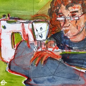 Aquarelierte Zeichnung. Portrait einer Persom mit braunen Locken an einer weissen Nähmaschine. Das Nähstück wird mit der Hand der Person bewegt und fliesst aus der Nähmaschine über das untere Drittel des Bildes.