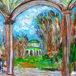 Ölpastellbild, der Blick zwischen zwei Säulen, in der Mitte ein quadratisches Mausoleum, davor Büsche und daneben blätterlose hohe Bäume vor blauem Himel mit Wolken. Der Weg vor den Säulen ist schneebedeckt mit Fahrspuren. Farblich ist das Bild eher realistisch, benutzt aber Neongrün und Neonorange für Akzente.