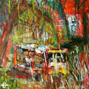 Ölkreiden und Bleistift. Schemenhaft gestsppelte Bienenkästen in weiss und gelb, dazwischen schwarze Abdeckplanen. Um die Kästen hohes Grass und trockene Blütenstände. Dahinter Bäume mit hängenden Ästen und schemenhaft ein Haus.