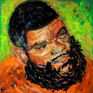 Ölkreidezeichnung: Porträt eines Schwarzen muskulösen Mannes mit weichem breitem und langem Bart, sein Kopfhaar, auch schwarz, ist sehr kurz, seine Schultern unbedeckt. Er schsut konzentriert zur Seite. Im Hintergrund grüne Kacheln.