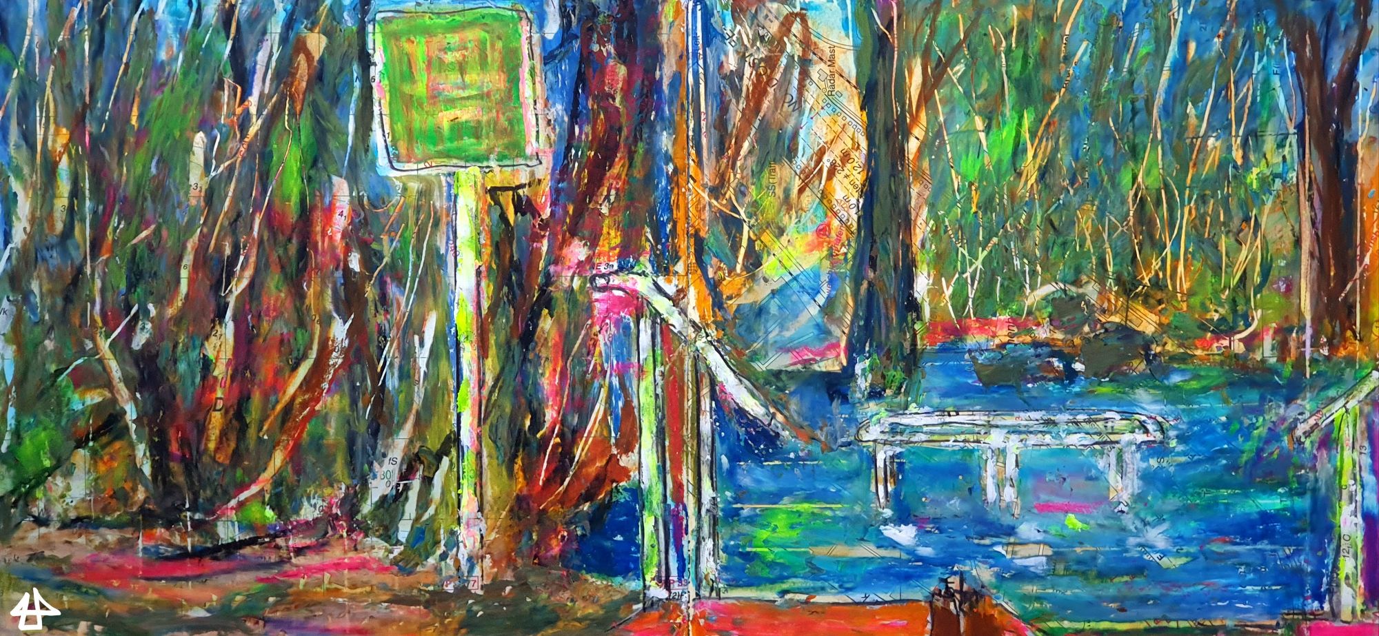 Zeichnung mit Ölkreide und Bleistift: zwei Handläufe führen nach unten zum Fluss, im Wasser ein kreisförmiger Handlauf für die Kneippkur, dahinter und rechts Baumstämme und Gebüsch ohne Blätter, auf einem grossen Schild sind die Kneippregelb nicht lesbar angedeutet.