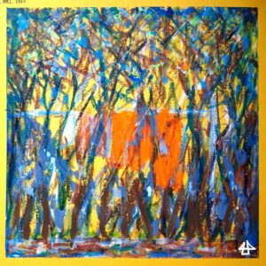 Ölkreide auf gelbem Fotokarton: in der Mitte orangefarbene, braune und ein weisses Handtuch auf einer Wäscheleine. Davor die blätterlosen Äste die sich überkreutzen, und wenige dickere Stämme nebeneinander, die sich oben zu einer vielzahl von Ästchen verzweigen.