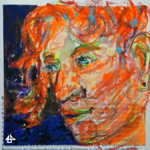 Ölkreide auf Geometriebuchseite: seitlices Portrait einer Person mit lockigen hellen Haaren und blauen Augen. Das Bild ist dominiert von Neonorange, der Hintergrund dunkelblau.