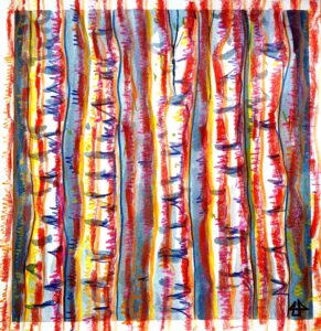 Aquarelierte Buntstiftzeichnung: eng beieinanderstehende Birkenstämme, rote Linien dominiere, zwischen den Stämmen dunkles Dickicht.