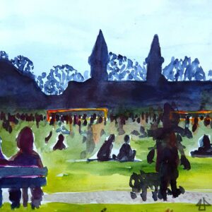 Aquarell: der Englische Garten in München imm Gegenlicht, unheimliche viele Menschen auf den Rasenflächen zwischen felben Volleyballnetzen, dahinter die Skyline mit Bäumen und Kirchtürmen und Häuserfronten, alles als dunkle Flächen. Im Vordergrund Menschen auf ner Bank und wer geht Gassi mit nem Hund.