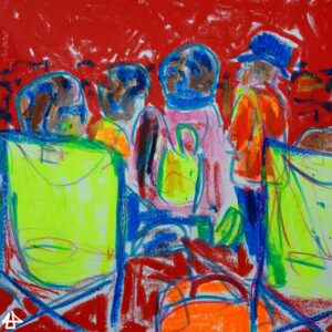 Aquarelliertes Bild aber hauptsächlich Ölkreide, zwei Menschen in neongelben Campingstühlen dahinter eine Menschenmenge