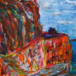 Bild gezeichnet mit Bleistift und Ölkreide, das mehr neben einem Stück Steilküste,viele Wolken sm hrllblauen Himmel. Ein Weg führt vom Ufer hoch zum Waldrand, die Bäume wachsen schräg vom Wind weg.