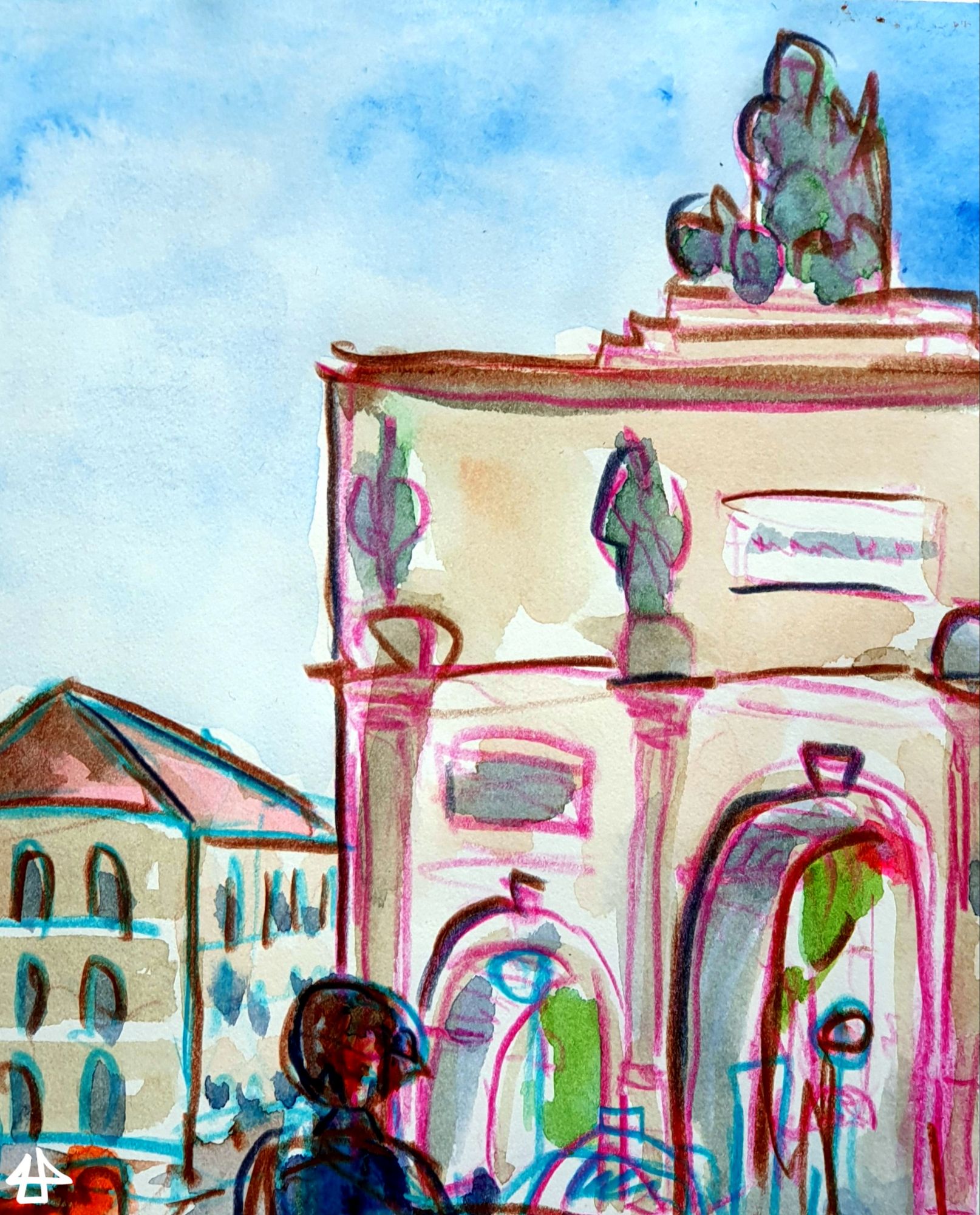 Aquarellierte Buntstiftzeichnung des Siegestors in München, das Tor ist halb zu sehen umd links daneben eim dreistöckiges Gbäude, oben und auf halber Höhe Kupferstatuen, im Vordergrund der Hinterkopf von wem.