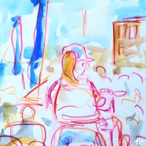 Aquarellierte Buntstiftzeichnung: Eine Person mit Pferdschwanz und Käppi auf nem elektrischen Rollstuhlscooter. Dahinter eine Menschenmenge und Fahnenstangen und Hotelgebäude.