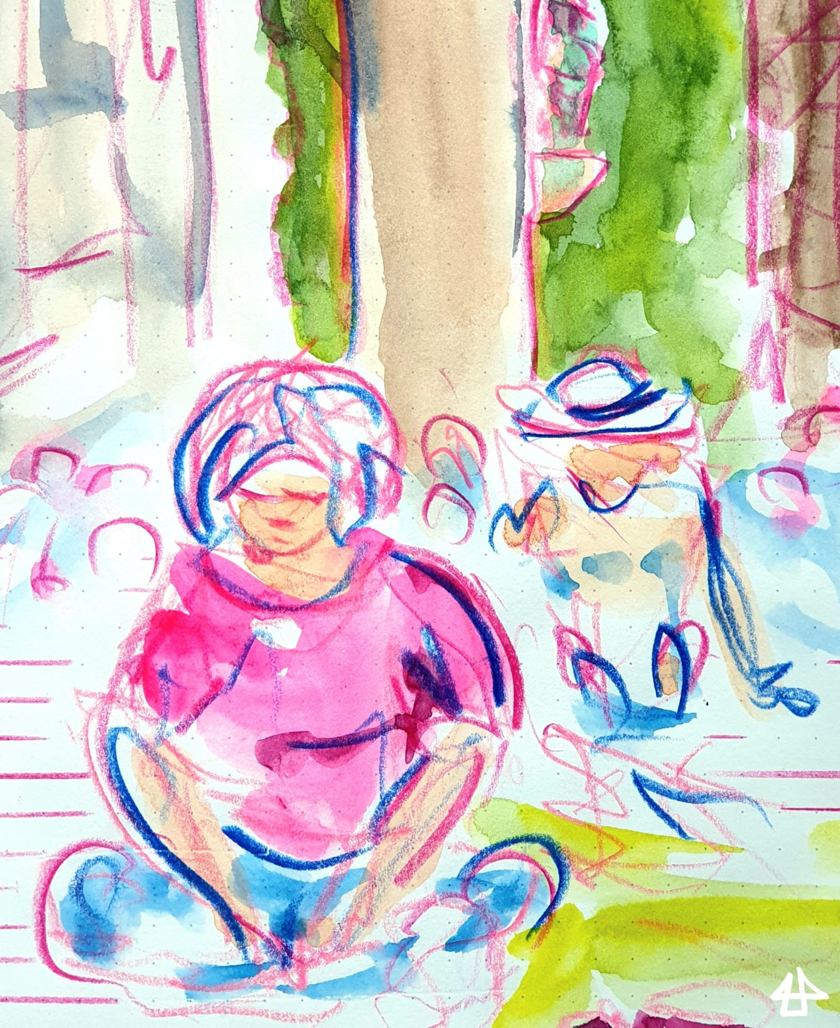 Aquarellierte Buntstiftzeichnung: eine Person im Schneidersitz mit geschlossenen Augen, dahinter das Stadttor am Stachus und weitere Menschen die am Boden sitzen.
