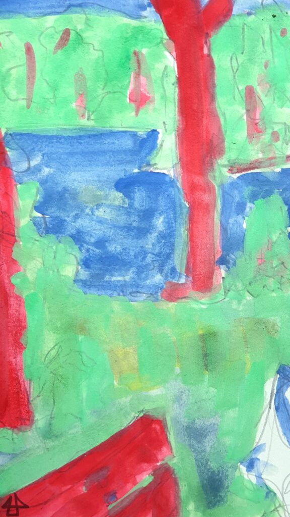 Das Bild ein paar Arbeitschritte zuvor, grosse Flächen grüner blauer und roter Schulmalfarbe ohne Details.