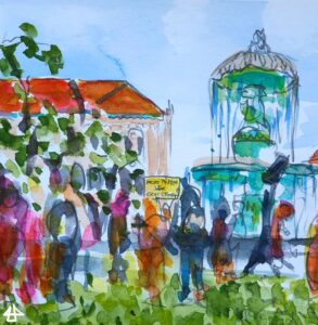 Aquarellierte Bleistiftzeichnung. Grosser Brunnen und Unigebäude am Geschwister Scholl Platz in München. Davor in Bewegung Menschen, einer Steht mit dem gelben Schild mit dem Text: nicht prüfen wär echt cringe.
