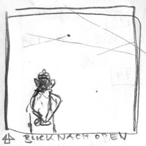 Weicher Bleistift auf Papier, in einem locker gezeichnetten Quadrat ein Person mit den Händen im Rücken, am Himmel Kondenzstreifen, darunter der Text: Blick nach oben.